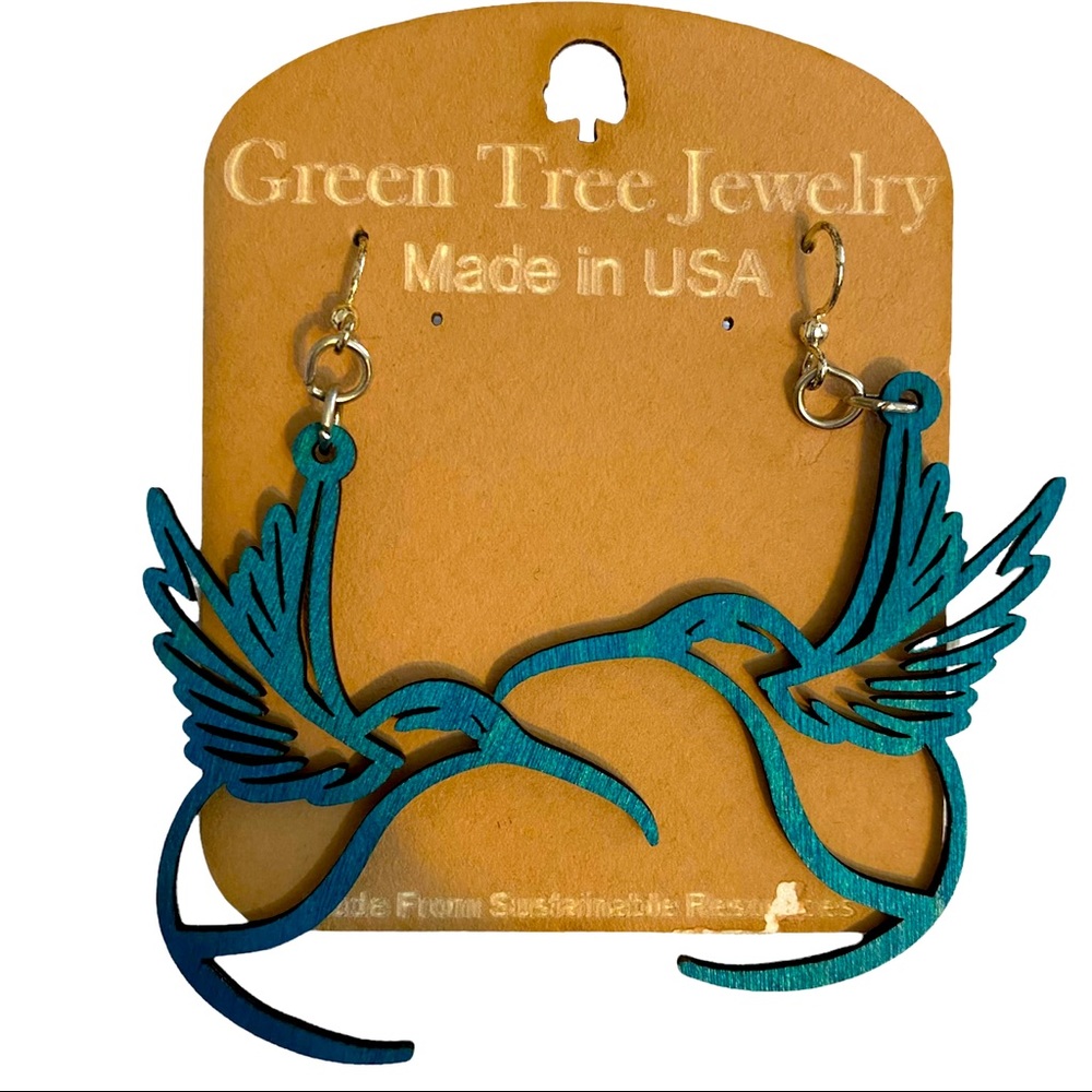 🌺 Gorgeous Blue "Hummingbird" Earrings- Wooden Laser Cut Dangle Earrings 🌺